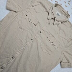 Mutual Weave Button Down Shirt Mens XL Beige Short Sleeve Utility Pockets Casual